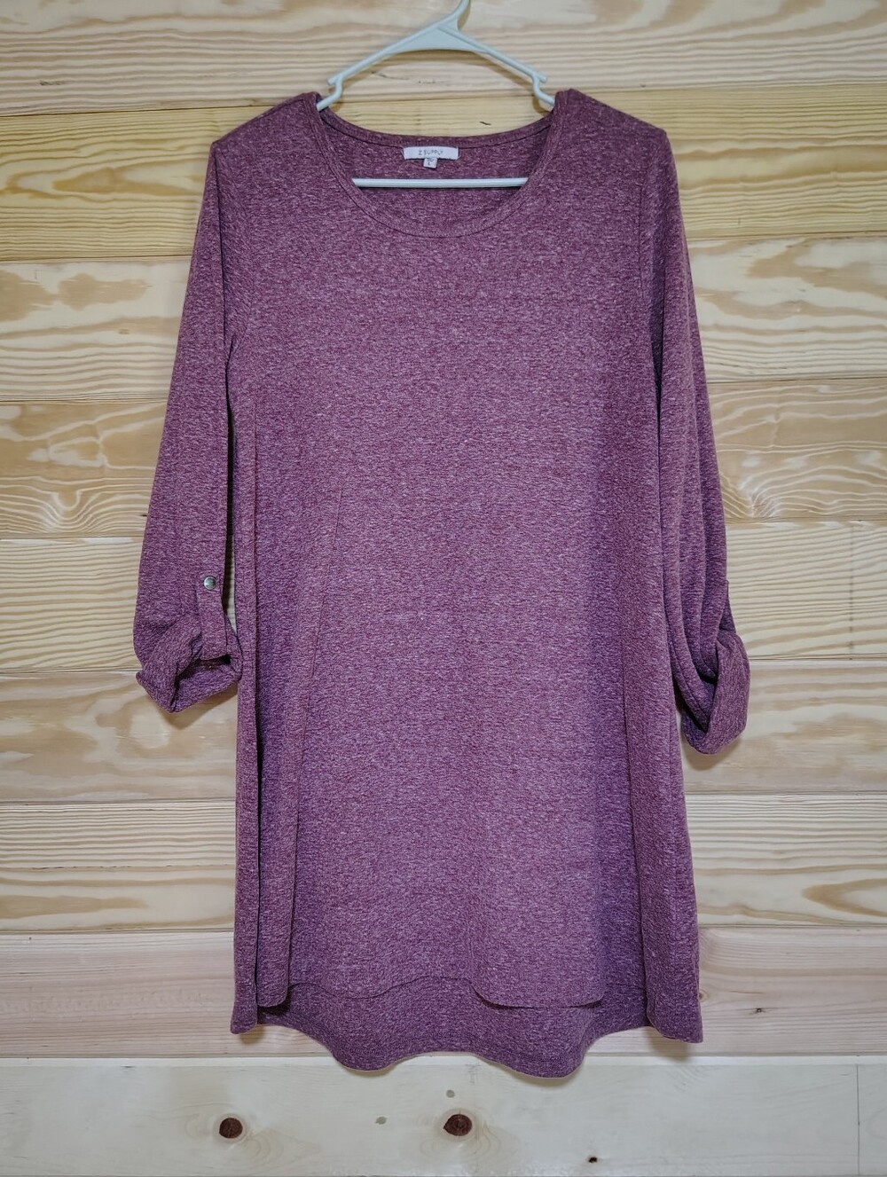 Women's Tunic Dress Cozy Knit Large Mauve Pink Popover Lounge Roll Tab Sleeves